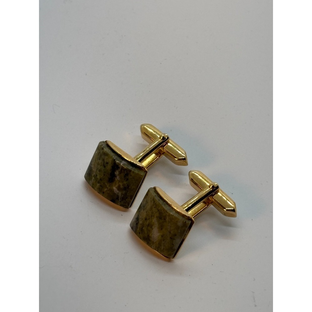 Cuff Links‎ Gold Tone Mid Century Vintage Green Agate - Picture 2 of 5